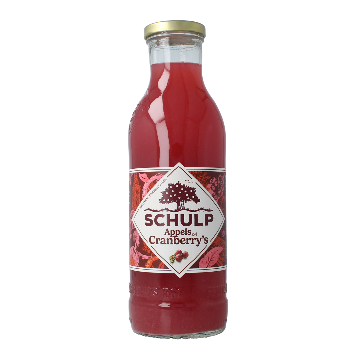 Schulp Appel & Cranberrysap 750ml bottle, natural fruit drink with apple and cranberry flavors, in a clear glass bottle.
