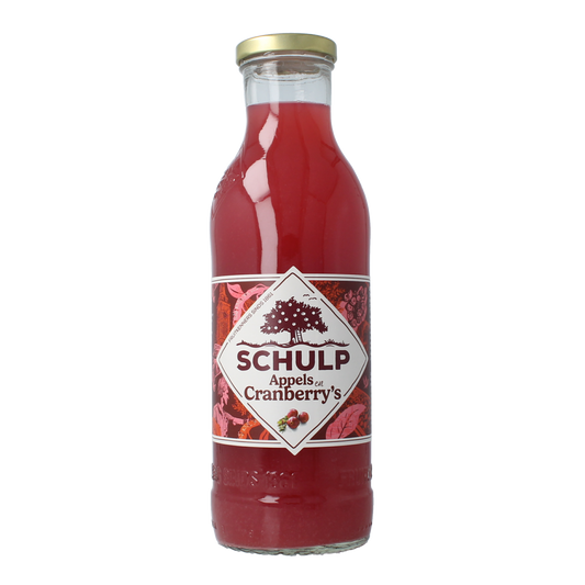 Schulp Appel & Cranberrysap 750ml bottle, natural fruit drink with apple and cranberry flavors, in a clear glass bottle.