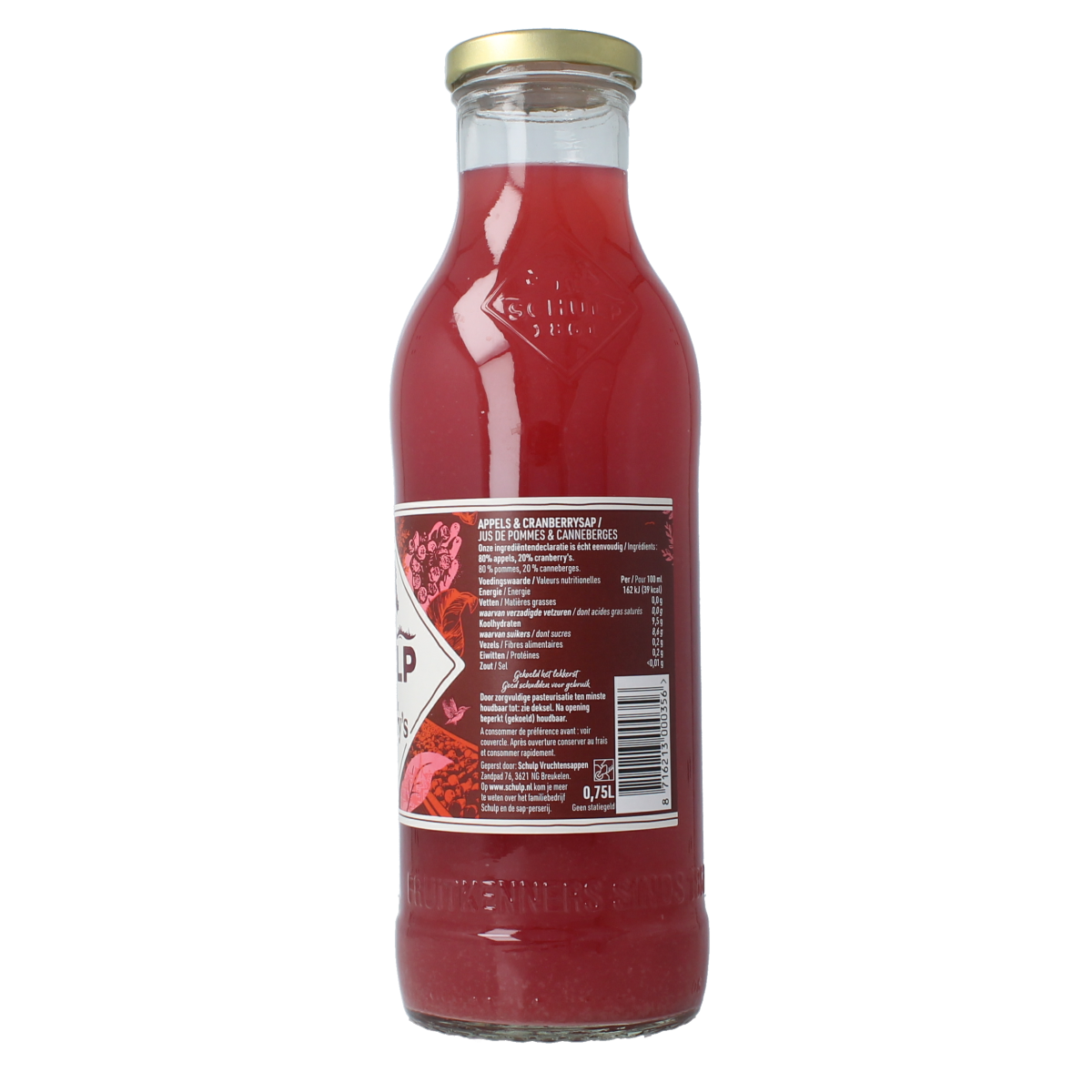 Schulp Appel & Cranberrysap bottle 750ml, a natural fruit drink with apple and cranberry flavors, shown in the image.