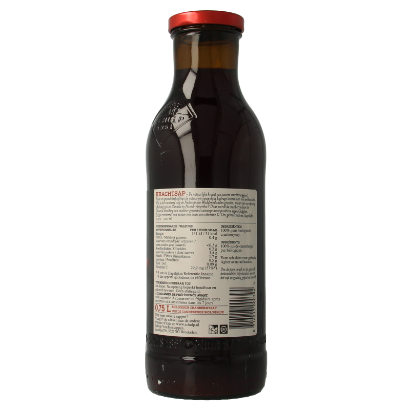 Schulp Krachtsap cranberry juice in a 750ml bottle, pure organic fruit drink, with red cranberry berries visible in the image.