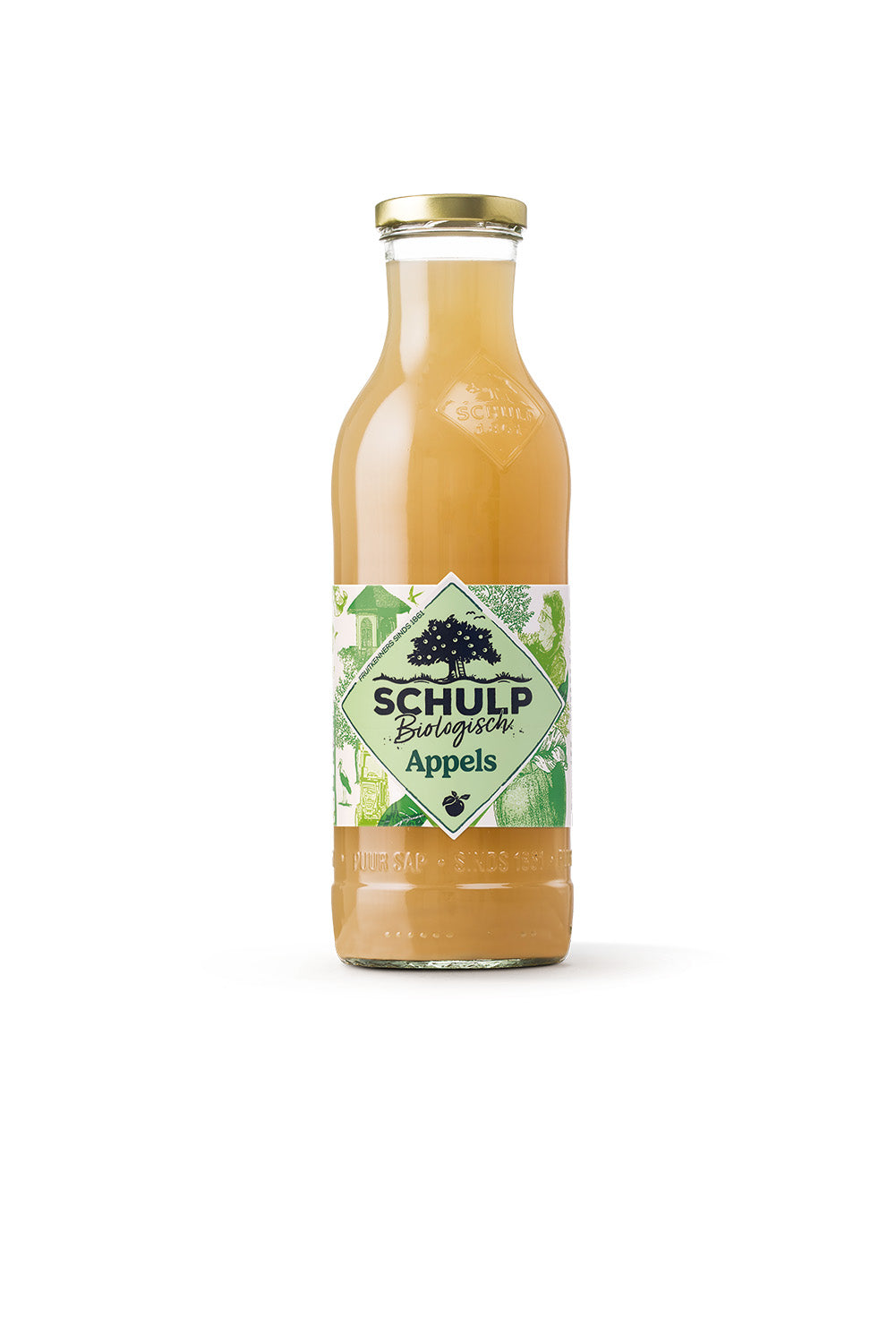 Schulp bio appelsap in a 750ml bottle, natural apple juice from Schulp, transparent bottle with label and golden liquid inside.