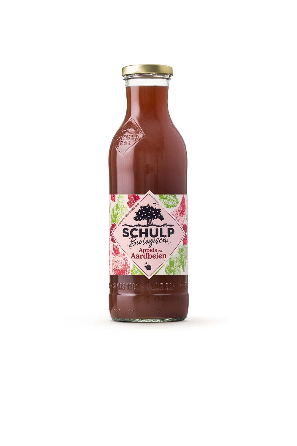 Schulp organic apple and strawberry juice in a 750ml bottle, fresh and natural fruit drink with vibrant red and green hues.