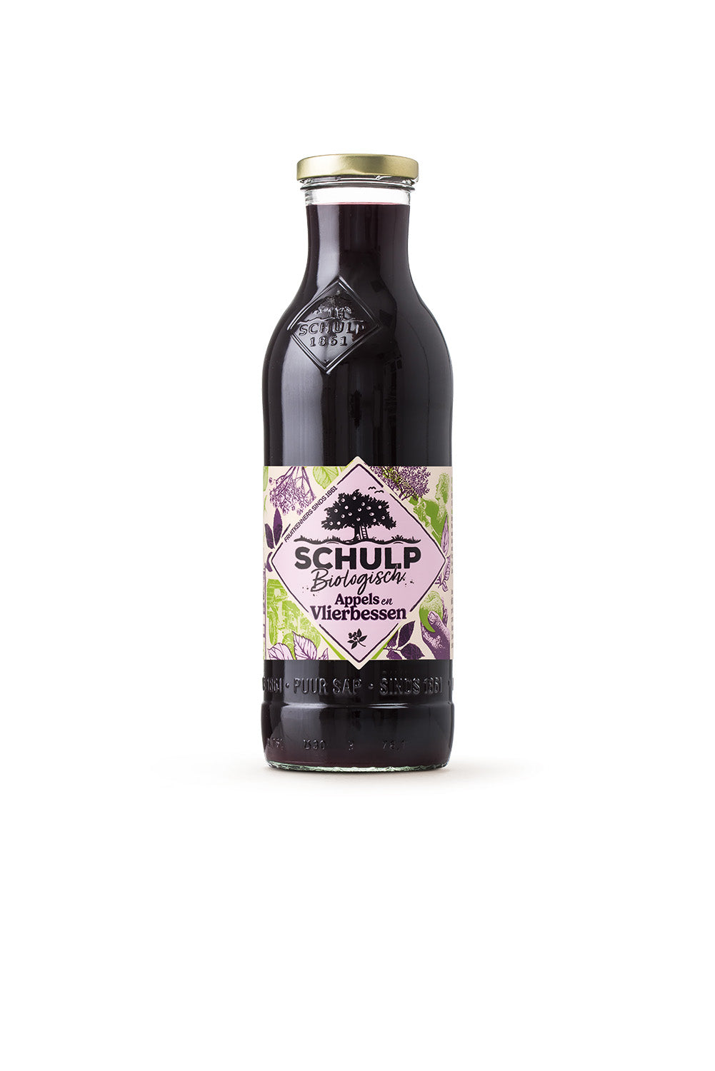 Schulp organic apple and elderberry juice in a 750ml bottle, with label showing apples and elderberries, in a clear glass.