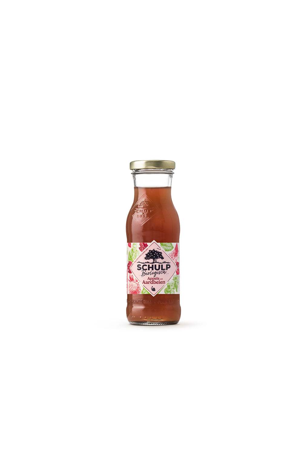 Schulp organic apple and strawberry juice in a 200ml bottle, showing fresh fruit and vibrant label.