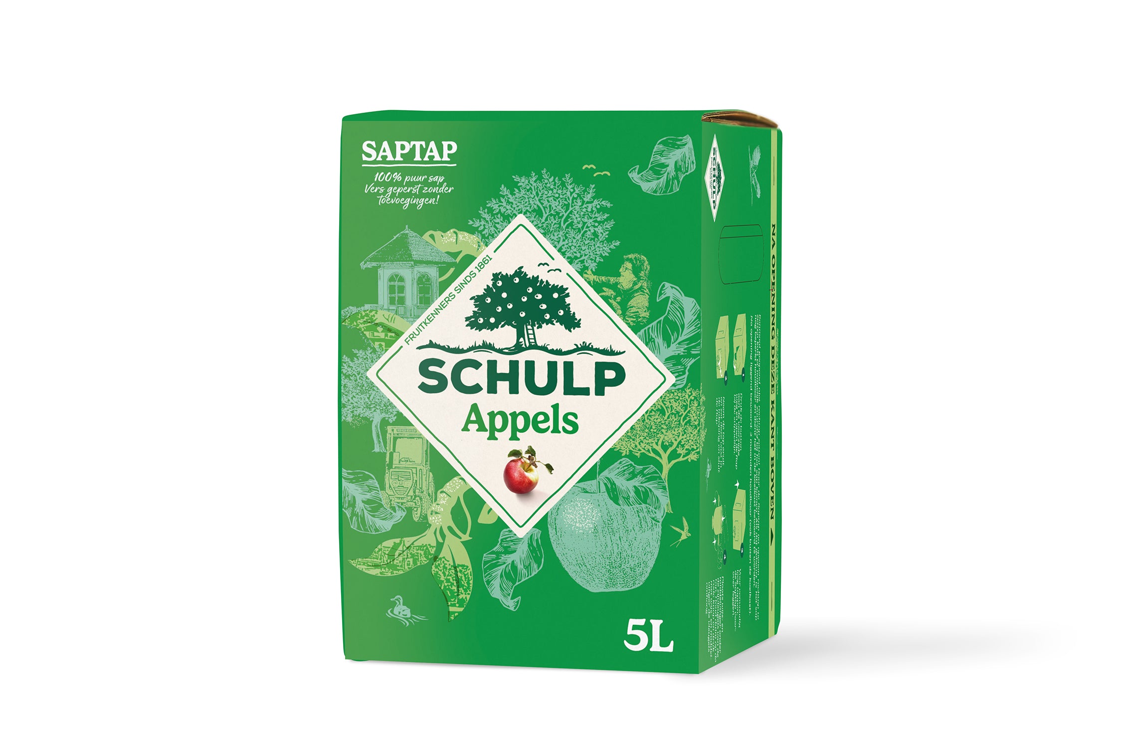 Schulp Saptap appelsap 5L bottle, natural apple juice in a clear plastic container, with a label displaying the brand and product details.