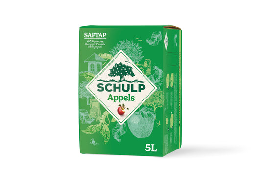 Schulp Saptap appelsap 5L bottle, natural apple juice in a clear plastic container, with a label displaying the brand and product details.
