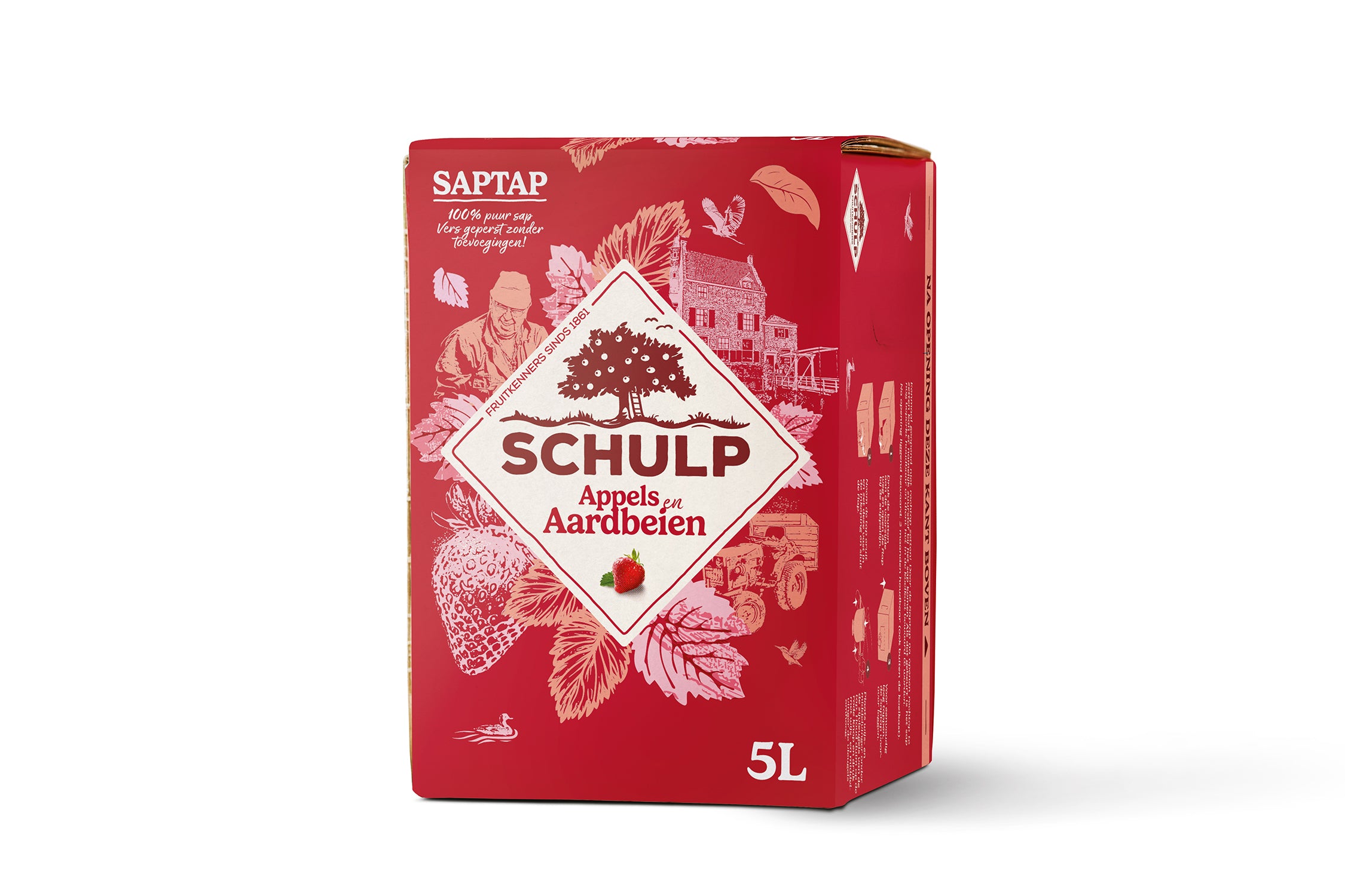Schulp Saptap apple and strawberry juice in a 5-liter container, fresh fruit flavor, colorful label on the bottle.