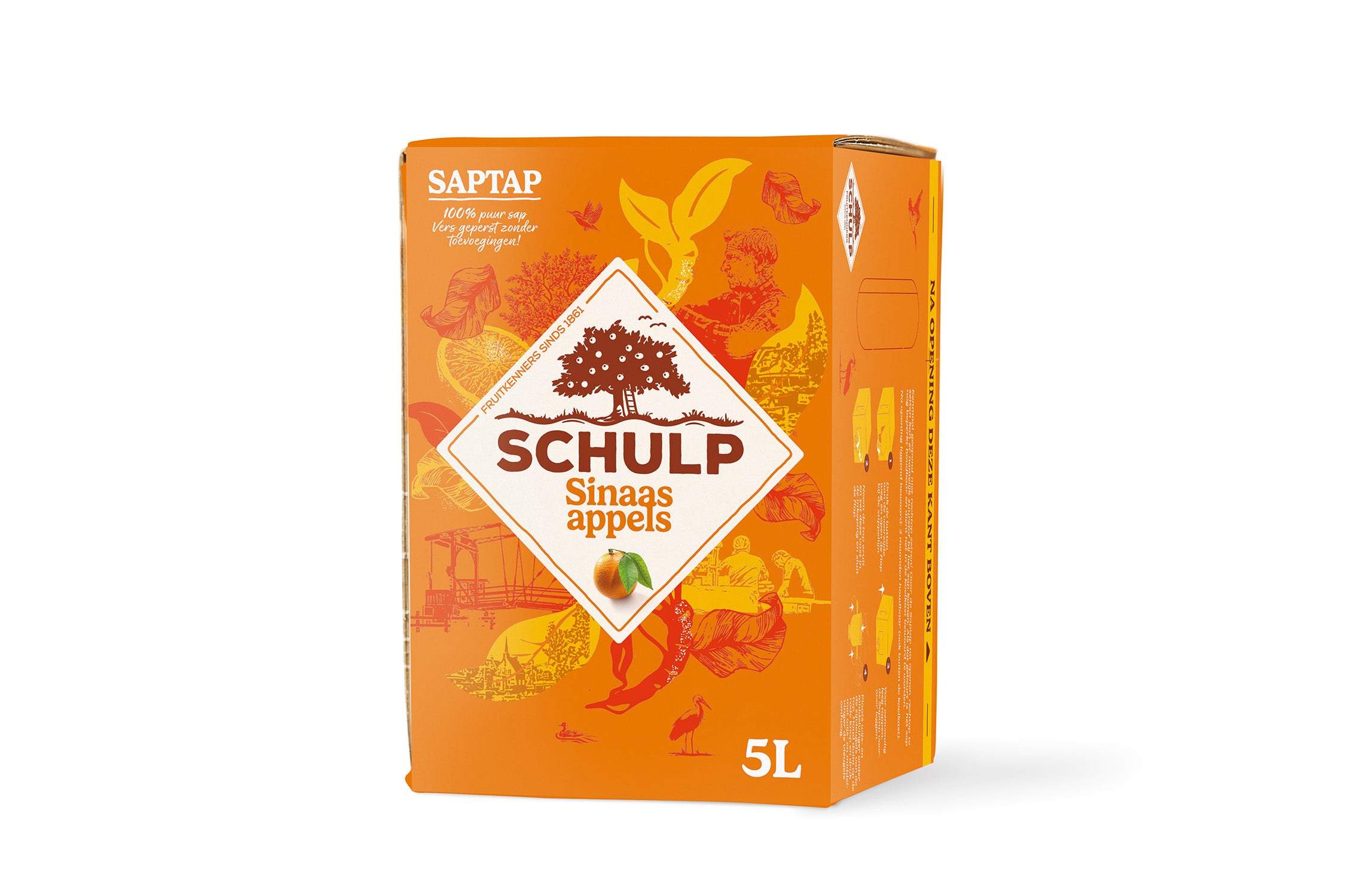 Schulp Saptap orange juice in a 5-liter bottle, fresh citrus drink from the Schulp brand, shown in a clear bottle with orange liquid.