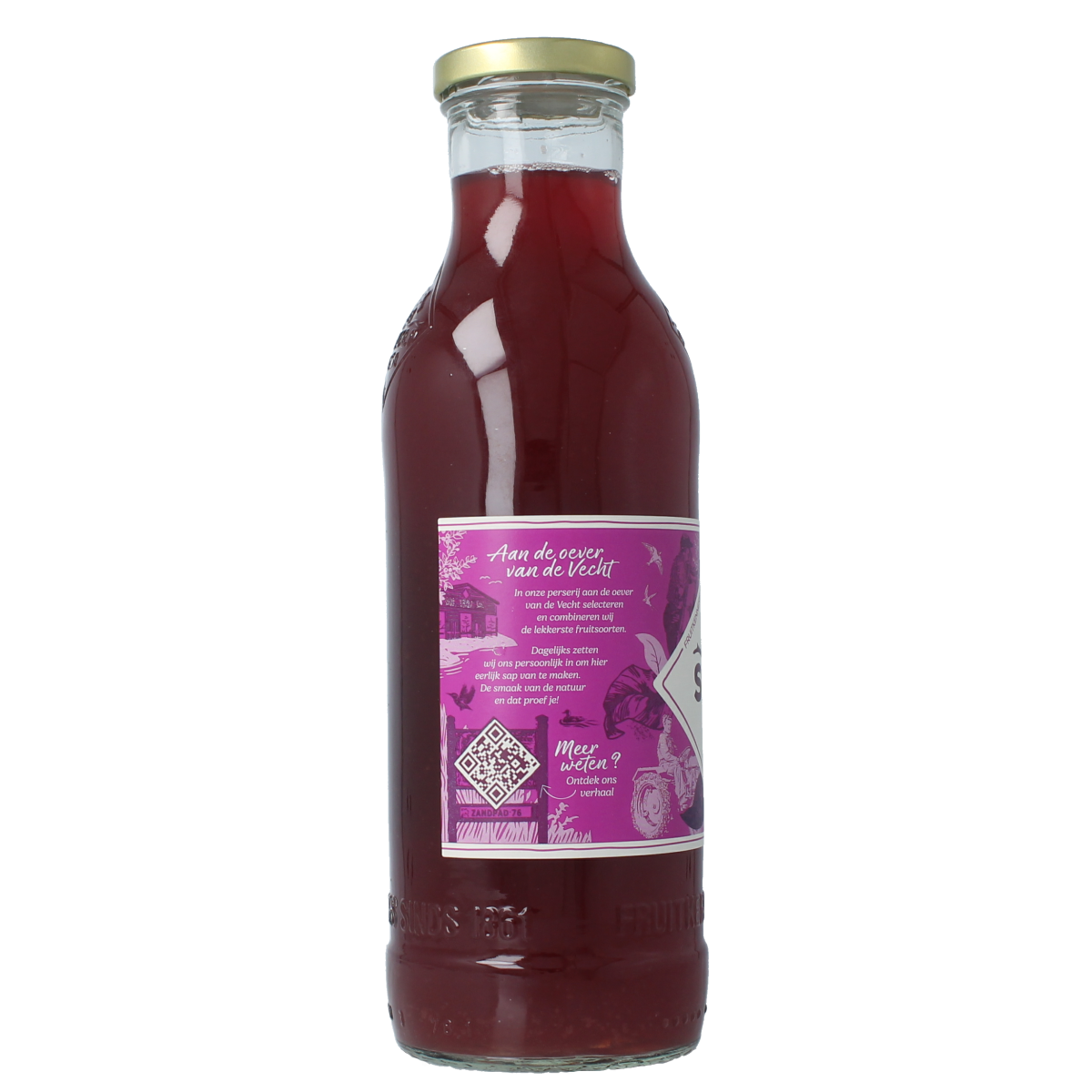 Schulp apple and cherry juice in a 750ml bottle, transparent glass, with fresh apples and cherries around it.
