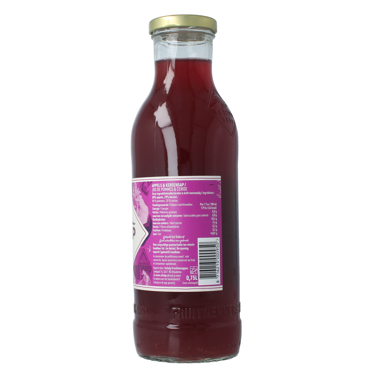 Schulp apple and cherry juice in a 750ml bottle, showcasing fresh fruit ingredients and clear beverage content.
