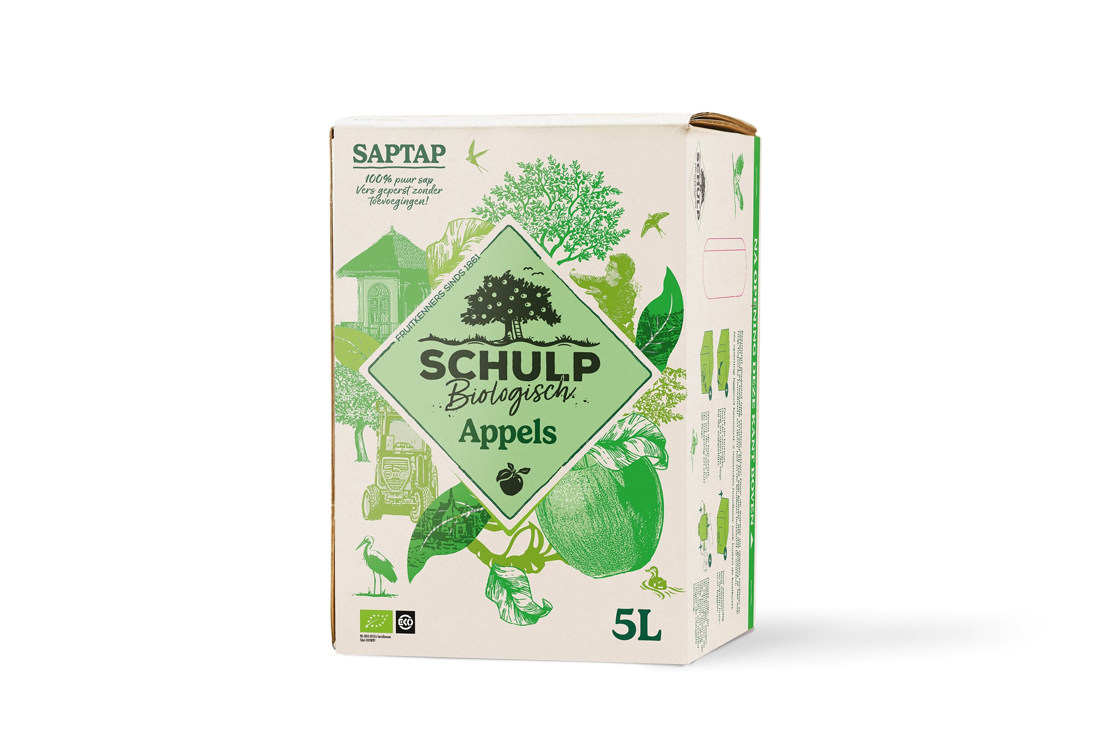 Schulp Saptap organic apple juice in a 5-liter bottle, natural drink from the Schulp brand, shown in the image.