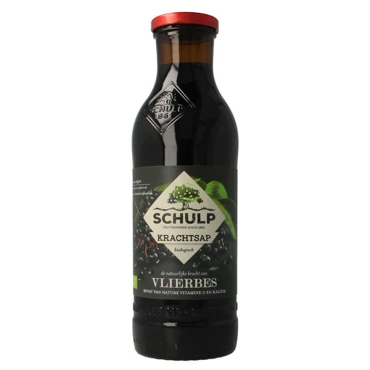 Schulp Krachtsap bio elderberry juice in a 750ml bottle, natural and pure elderberry drink from Schulp.