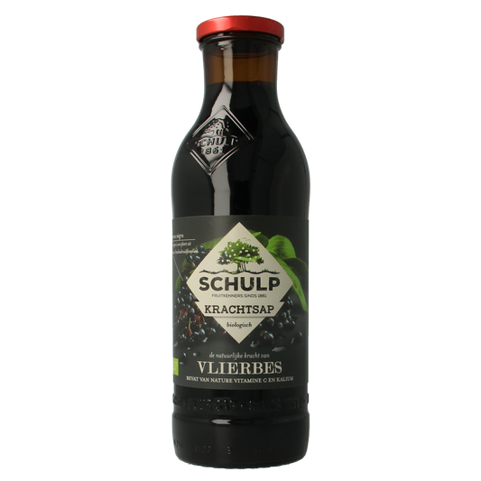 Schulp Krachtsap bio elderberry juice in a 750ml bottle, natural and pure elderberry drink from Schulp.