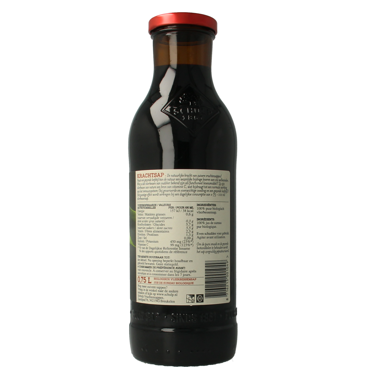 Schulp Krachtsap puur bio vlierbessensap in 750 ml bottle, natural black elderberry juice, organic and pure.
