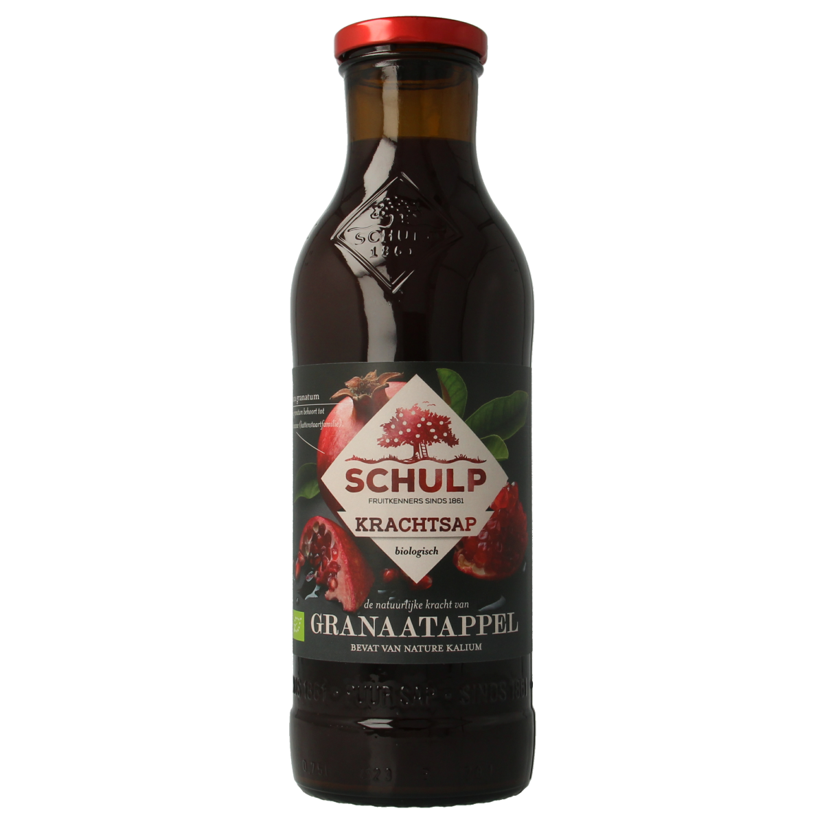 Schulp Krachtsap puur bio granaatappel drink in a 750ml bottle, showcasing vibrant red juice and fresh fruit on the label.