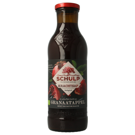 Schulp Krachtsap puur bio granaatappel drink in a 750ml bottle, showcasing vibrant red juice and fresh fruit on the label.