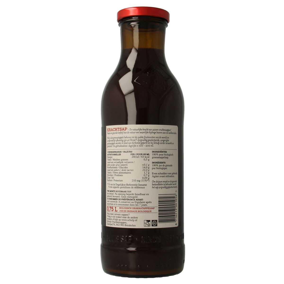Schulp Krachtsap granaatappel puur bio, 750ml bottle of natural pomegranate juice in a clear glass bottle.