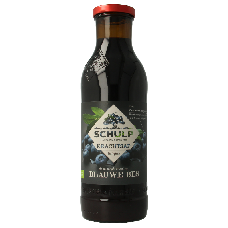 Schulp blauwe bessensap in 750 ml glazen bottle, puur bio, natural blue berry juice, fresh and healthy beverage