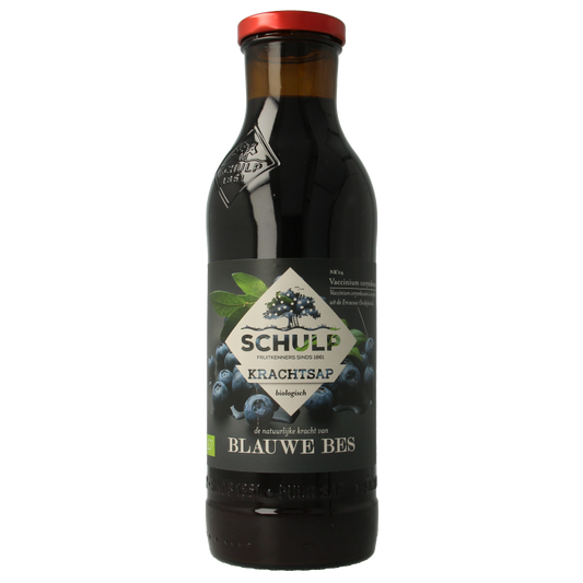 Schulp blauwe bessensap in 750 ml glazen bottle, puur bio, natural blue berry juice, fresh and healthy beverage