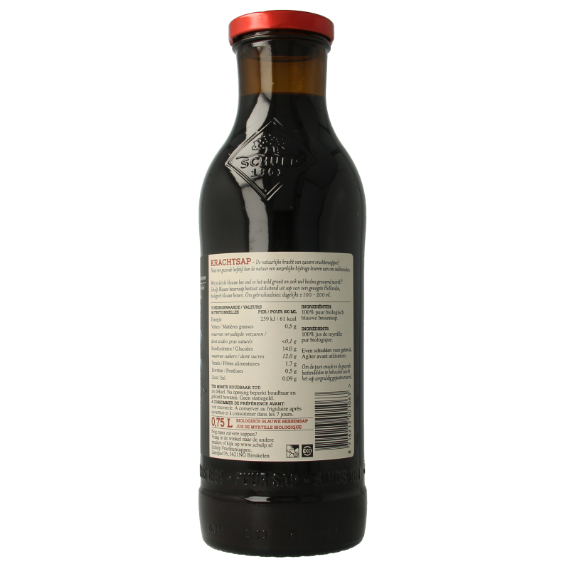 Schulp Krachtsap blauwe bessensap in 750ml bio bottle, natural blue berry juice with pure, organic ingredients.