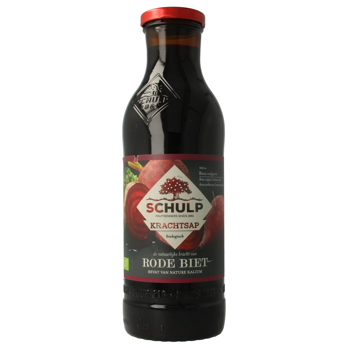 Schulp Krachtsap organic red beet juice in a 750ml bottle, pure and natural, from Schulp's drink and juice collection.