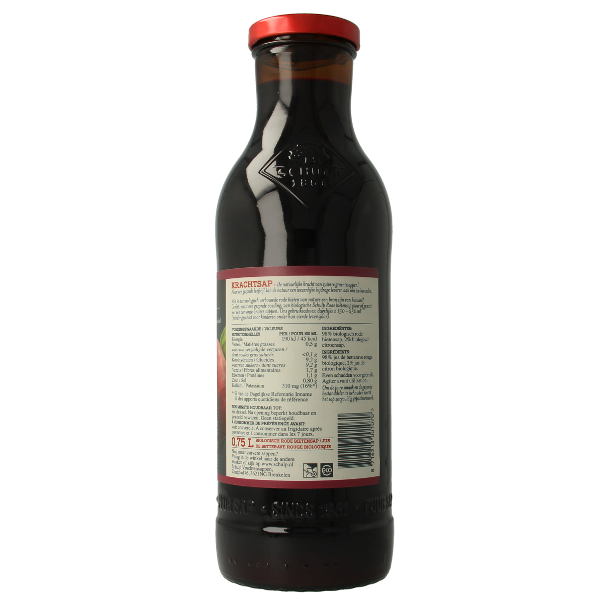 Schulp Krachtsap organic raw beetroot juice in a 750ml bottle, natural and pure beetroot drink from Schulp.