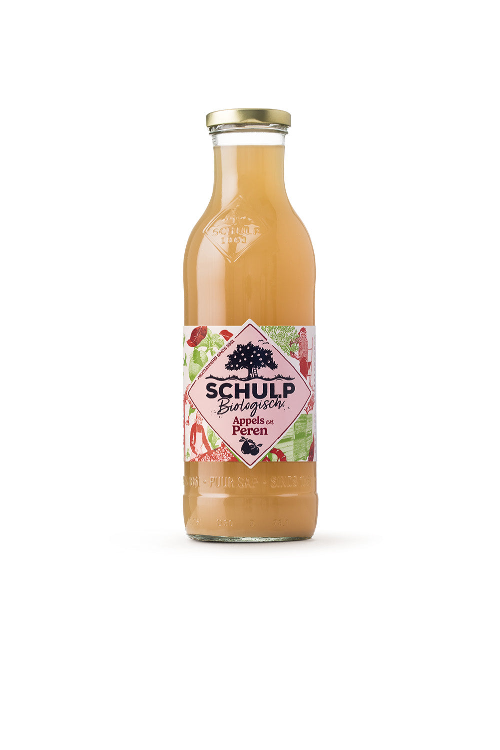 Schulp bio apple and pear juice in a 750ml bottle, natural drink from the Schulp brand, with fresh apple and pear imagery.