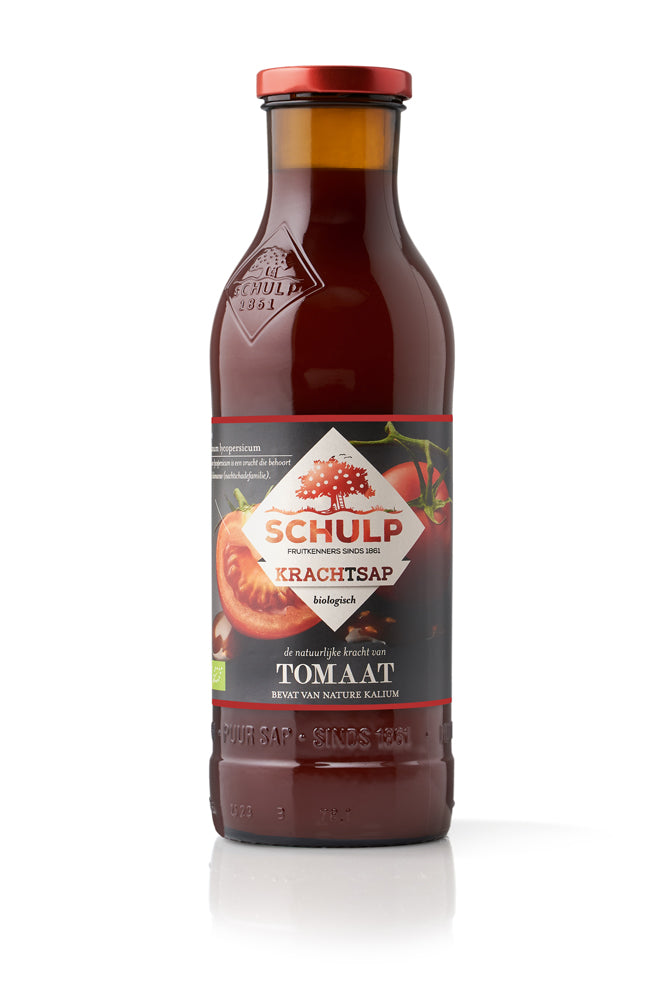 Schulp Krachtsap organic pure tomato juice in a 750ml bottle, natural red color, with fresh tomato ingredients visible.