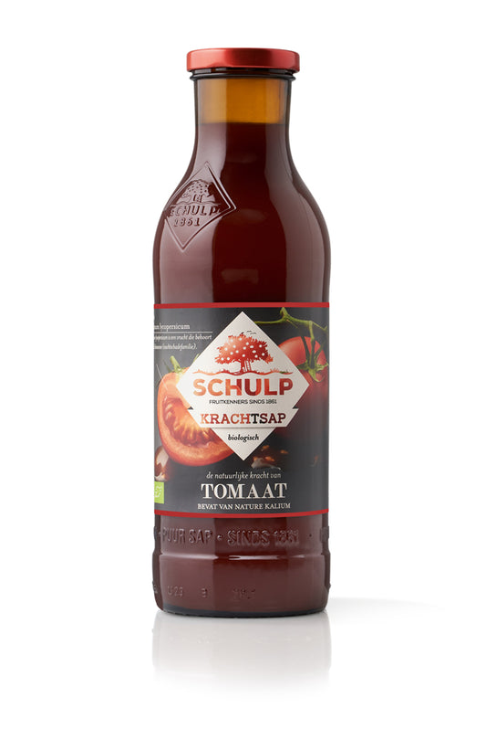 Schulp Krachtsap organic pure tomato juice in a 750ml bottle, natural red color, with fresh tomato ingredients visible.