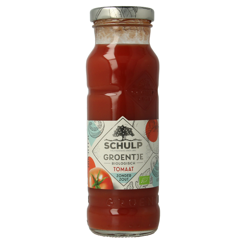 Schulp Groentje organic tomato juice in a 200ml bottle, natural and fresh product from Schulp's drink and juice collection.