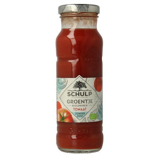 Schulp Groentje organic tomato juice in a 200ml bottle, natural and fresh product from Schulp's drink and juice collection.