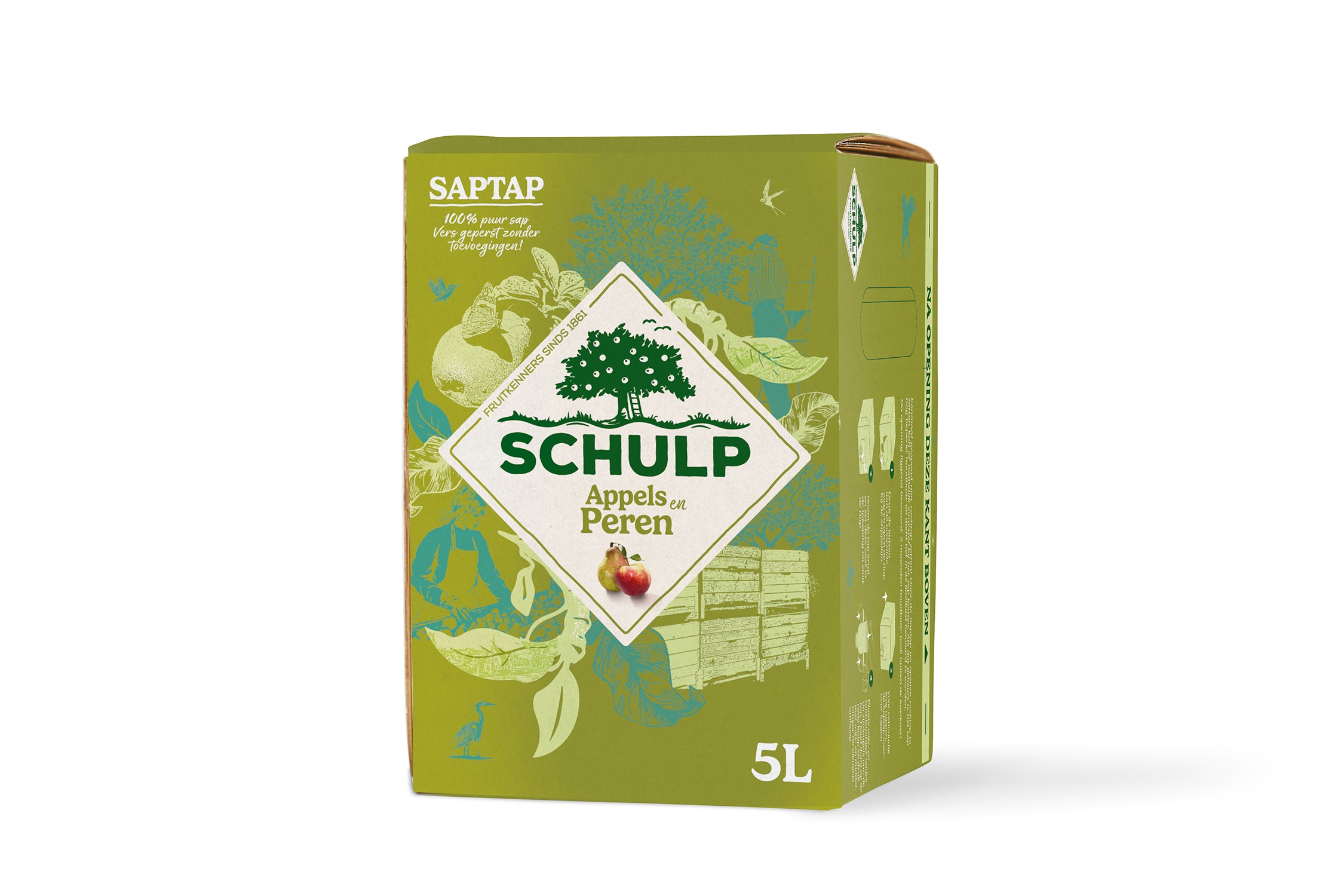 Schulp Saptap apple and pear juice in a 5-liter bottle, natural drink with fresh fruit flavor, from Schulp brand.