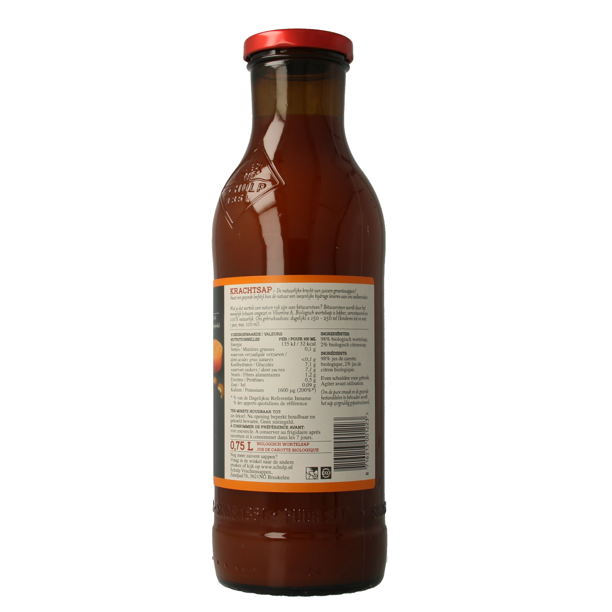 Schulp Krachtsap puur bio wortelsap in 750ml bottle, fresh organic carrot juice in a clear glass with a straw.