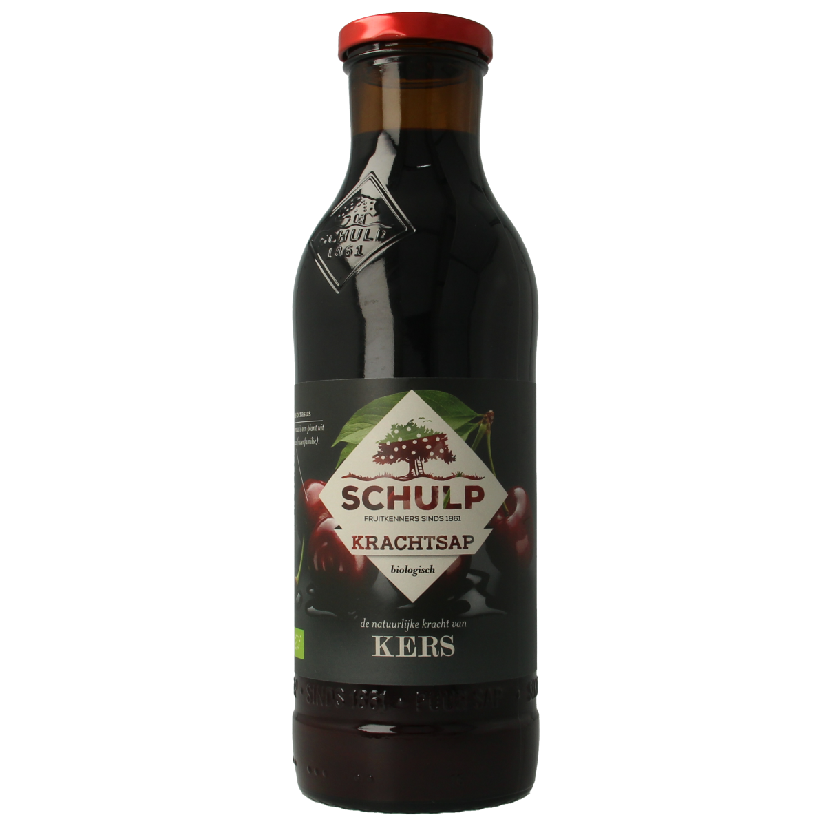Schulp Krachtsap pure organic cherry juice bottle, 750ml, in glass with label, showcasing the natural cherry juice inside.