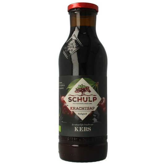 Schulp Krachtsap pure organic cherry juice bottle, 750ml, in glass with label, showcasing the natural cherry juice inside.