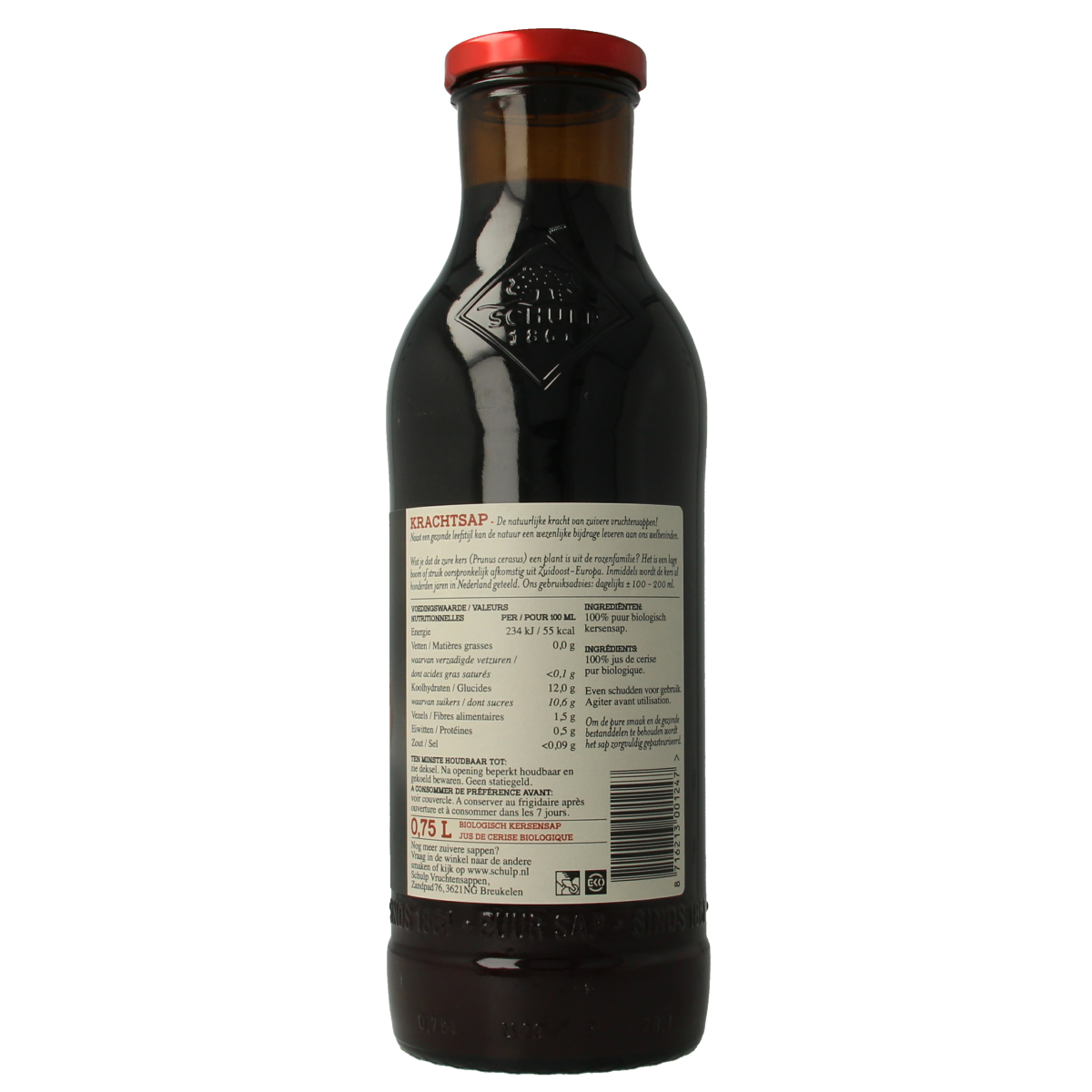 Schulp Krachtsap kersensap puur bio in 750ml bottle, natural cherry juice, organic drink, clear and vibrant liquid in glass bottle