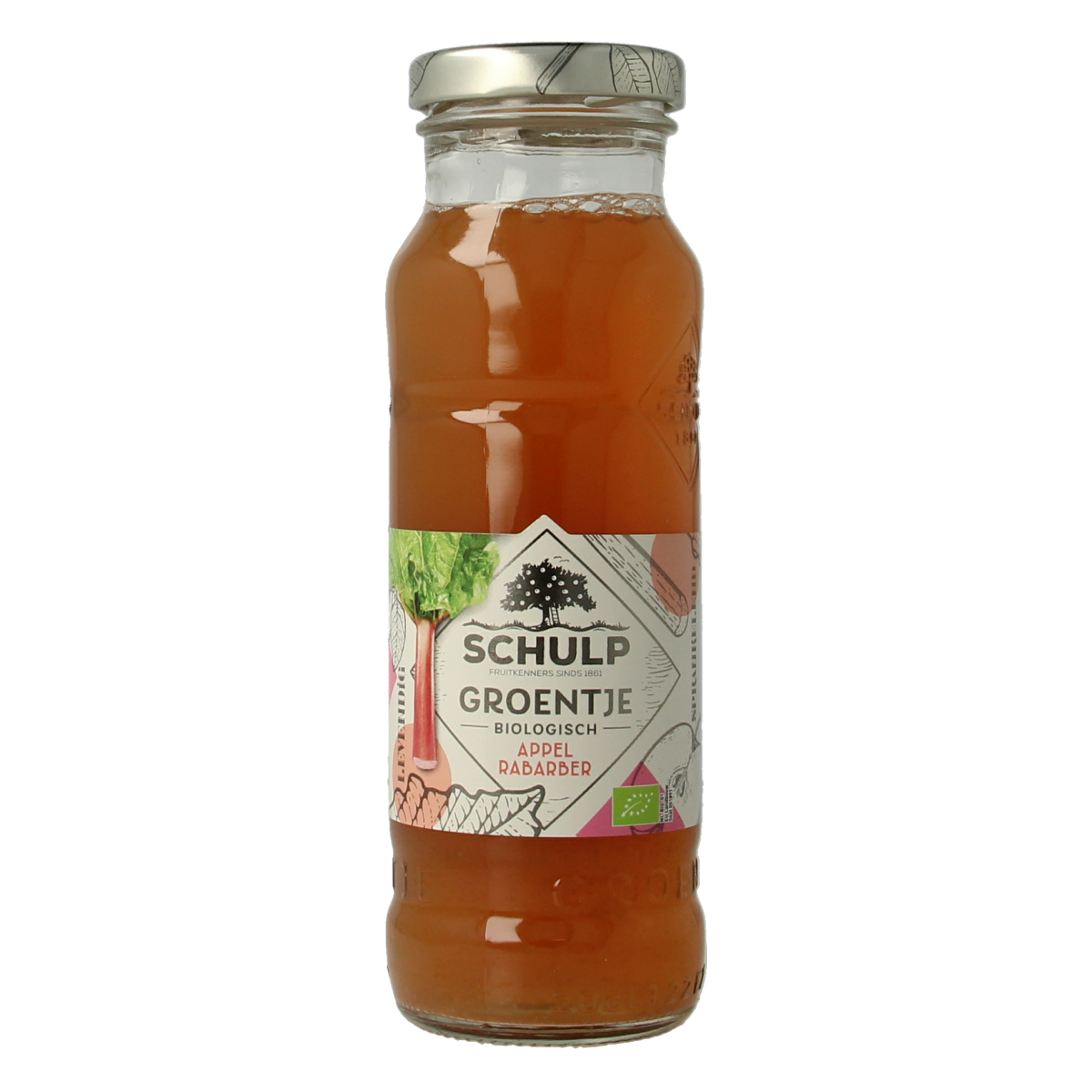 Schulp Groentje organic apple and rhubarb juice in a 200ml bottle, showcasing fresh fruit ingredients and vibrant label.