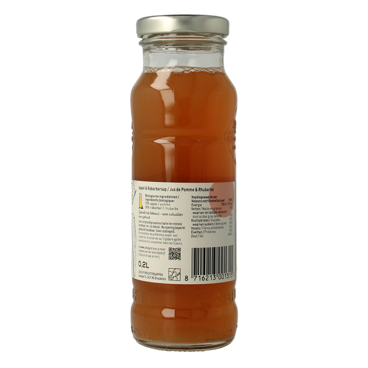 Schulp Groentje organic apple and rhubarb juice in 200ml bottle, showcasing the colorful label and glass of juice.
