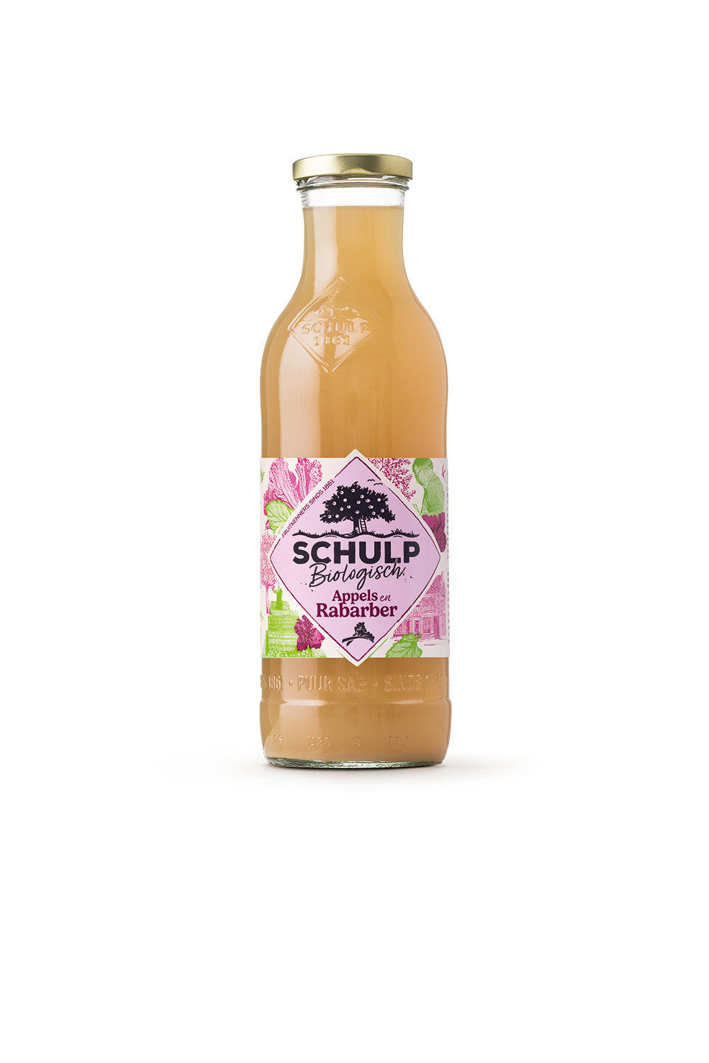 Schulp organic apple and rhubarb juice in a 750ml bottle, displaying a clear beverage with fresh fruit ingredients.