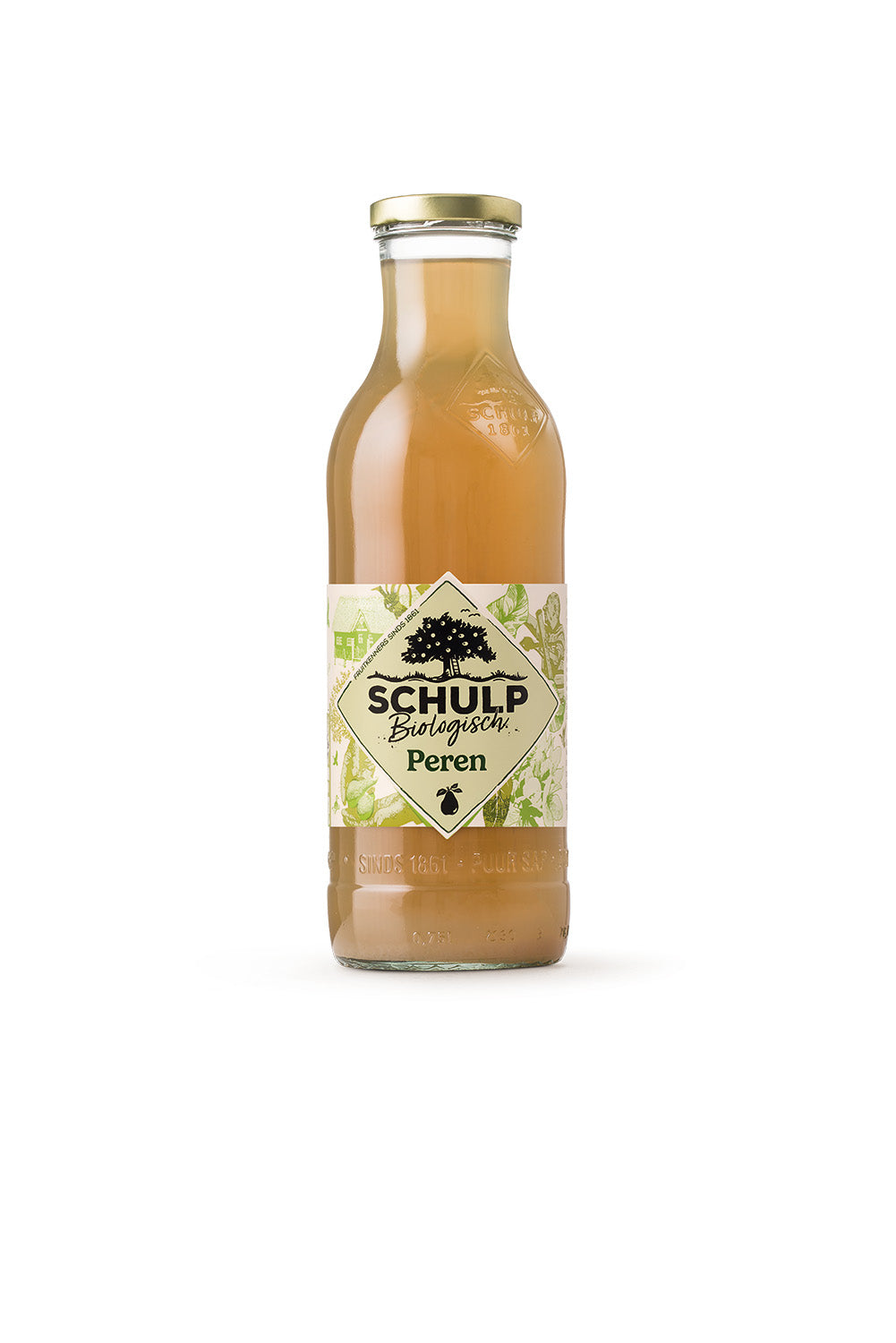 Schulp Perensap bio organic pear juice in a 750ml bottle, natural drink from Schulp, fresh and pure pear beverage.