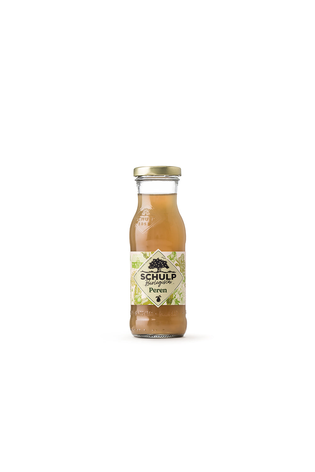 Schulp organic pear juice in a 200ml bottle, showing the clear, golden liquid inside the transparent packaging.