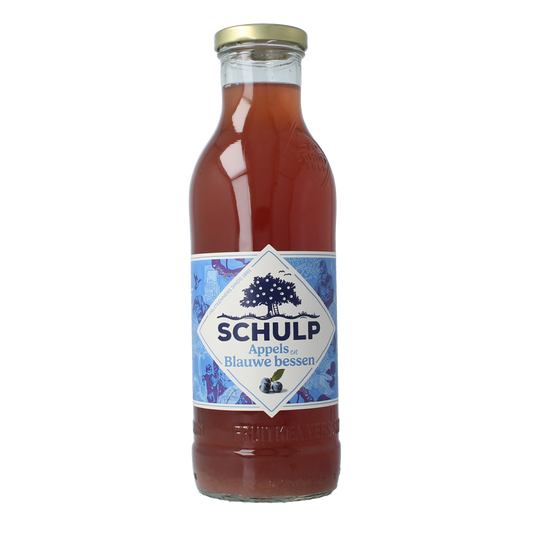 Schulp apple and blueberry juice bottle, 750ml, in clear plastic container with colorful label, for drinks and fruit juices.