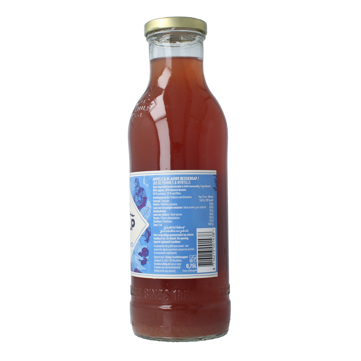 Schulp Appel en blauwe bessensap in 750 ml bottle, fresh fruit juice from Schulp, with apple and blueberry flavors.