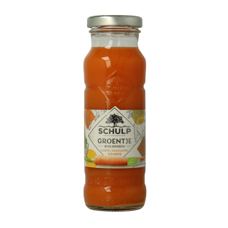 Schulp Groentje bio wortel, sinaasappel en gembersap in 200ml bottle, fresh and natural drink with vibrant orange color.