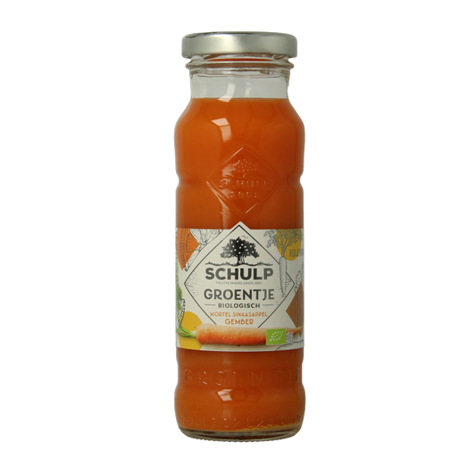 Schulp Groentje bio wortel, sinaasappel en gembersap in 200ml bottle, fresh and natural drink with vibrant orange color.