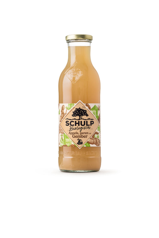 Schulp Appel peer en gembersap in 750ml bottle, organic fruit juice with apple, pear, and ginger flavors.