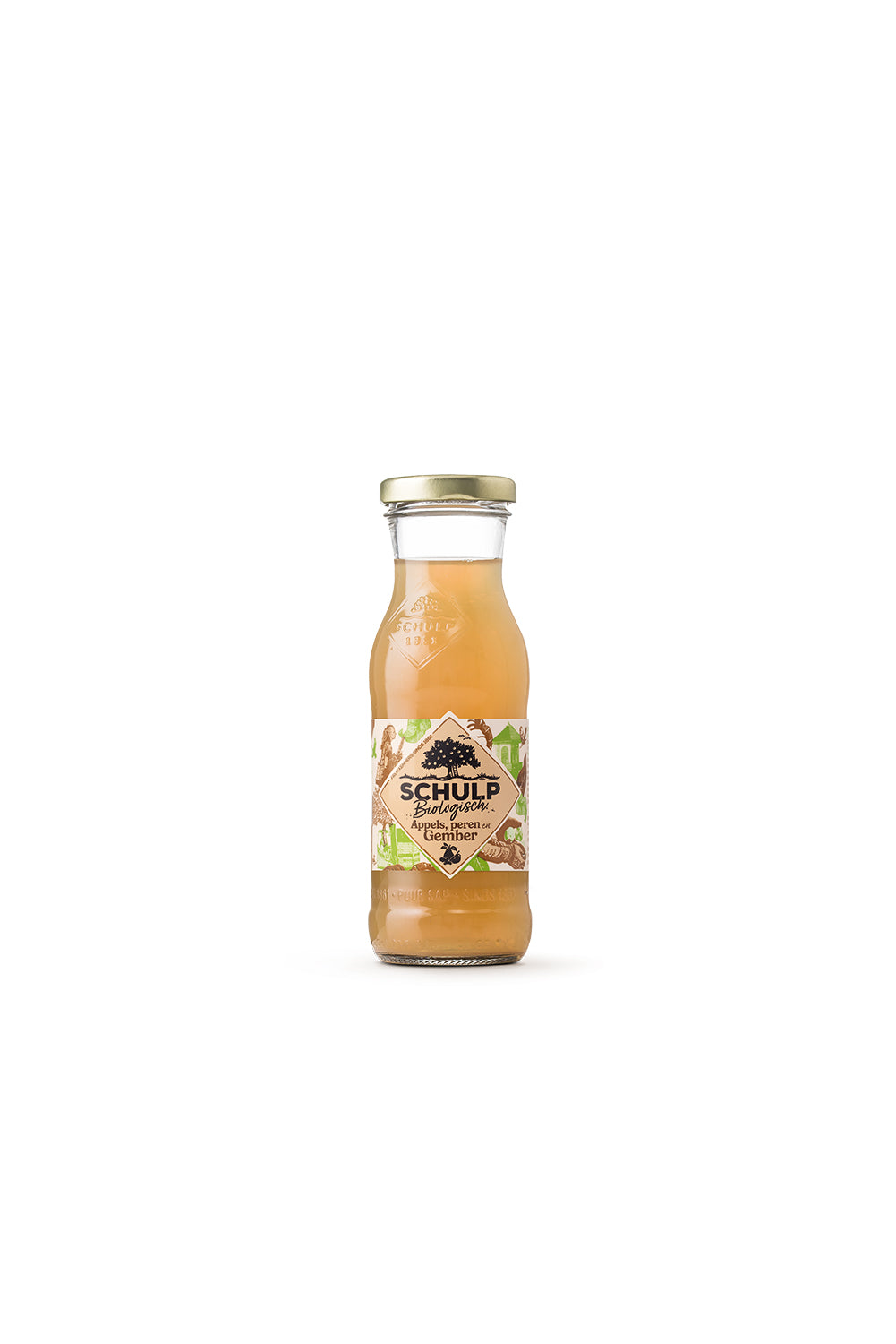 Schulp Appel, peer en gembersap biologisch in 200ml bottle, showing the beverage with apple, pear, and ginger ingredients