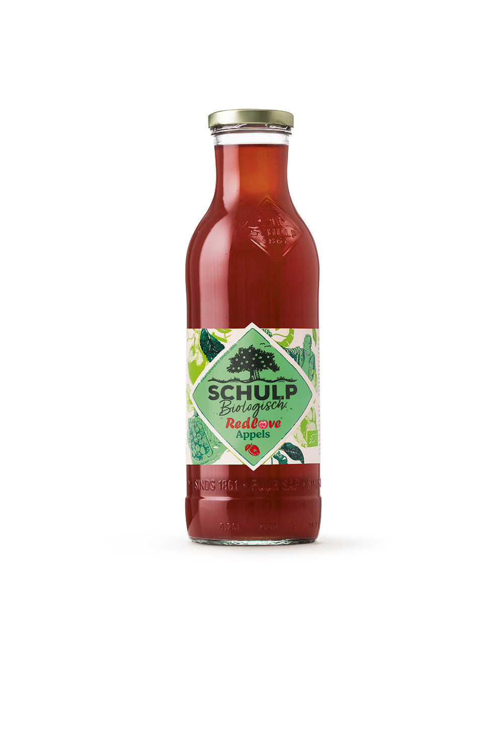 Schulp Redlove organic apple juice bottle, 750ml, with a vibrant red apple image on the label.