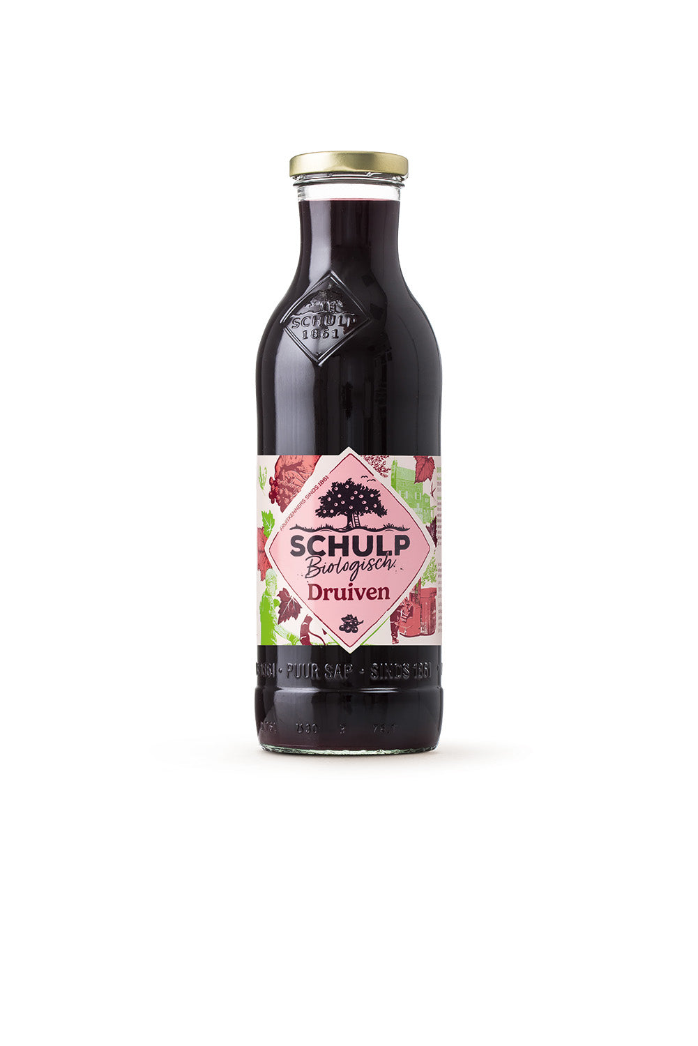 Schulp bio grape juice in a 750ml bottle, showing the label and transparent liquid inside.