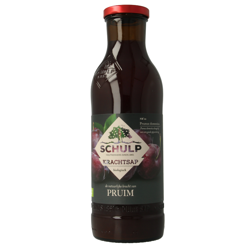 Schulp Krachtsap pruimensap puur bio in 750ml bottle, natural organic juice from fresh plums, for healthy drinking.